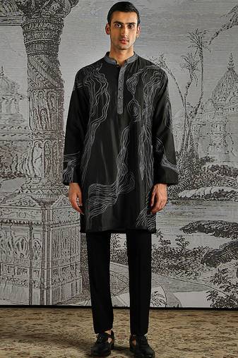 Black embroidered chanderi silk kurta set