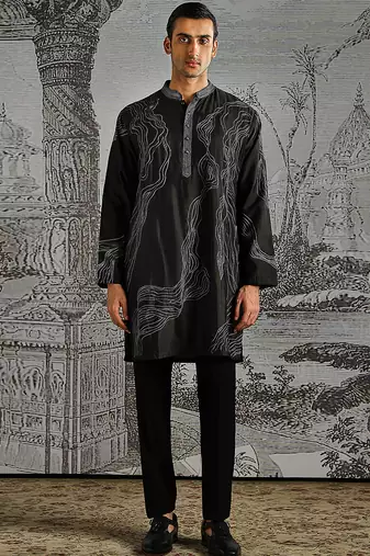 Black embroidered chanderi silk kurta set