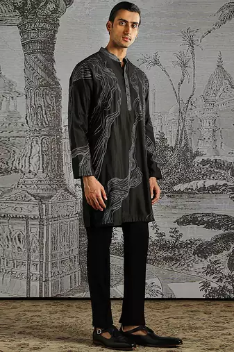 black embroidered chanderi silk kurta set for men