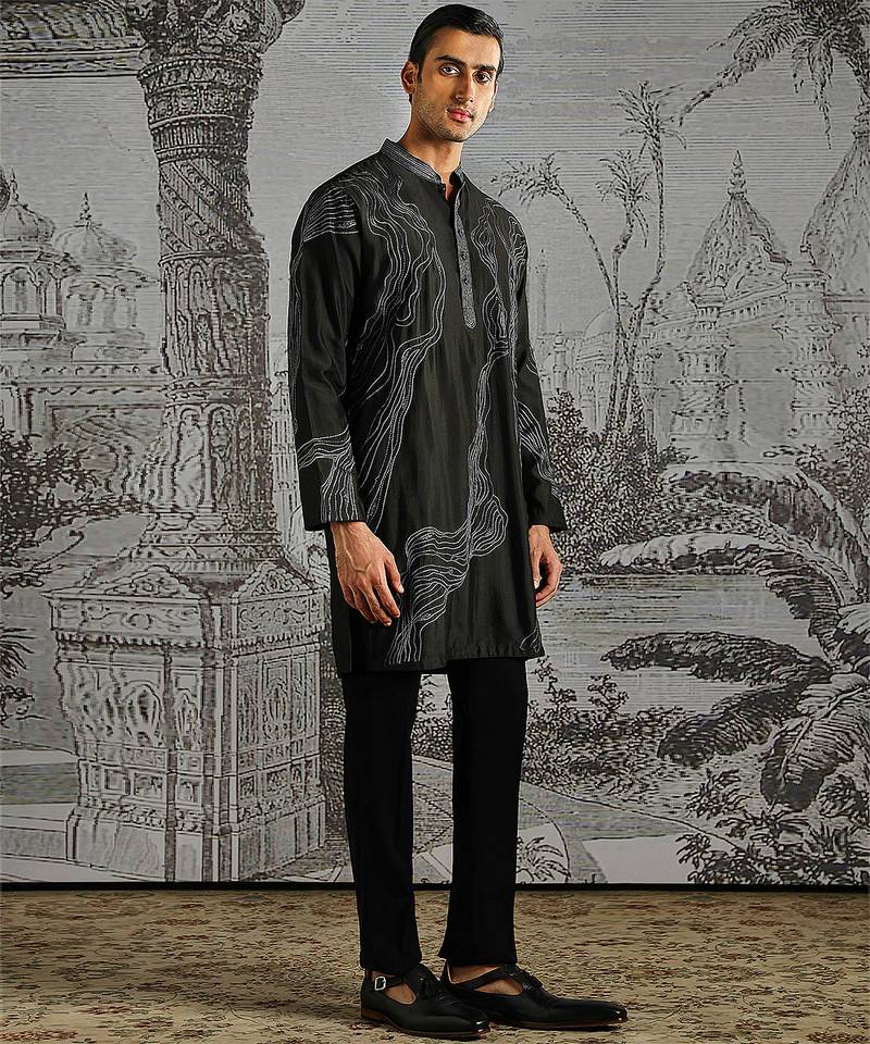 Black embroidered chanderi silk kurta set