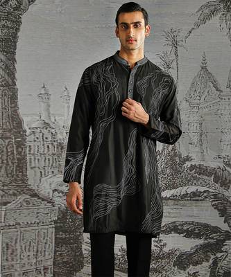 black embroidered chanderi silk kurta set for men 3