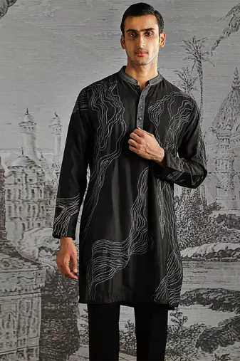 black embroidered chanderi silk kurta set for men