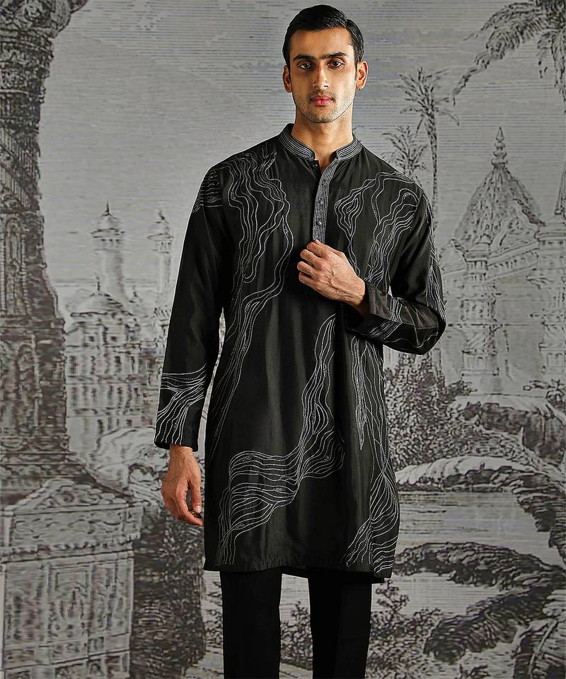 Black embroidered chanderi silk kurta set