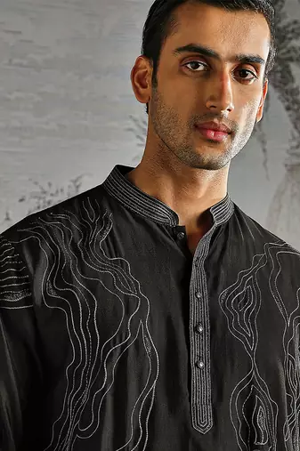 black embroidered chanderi silk kurta set for men