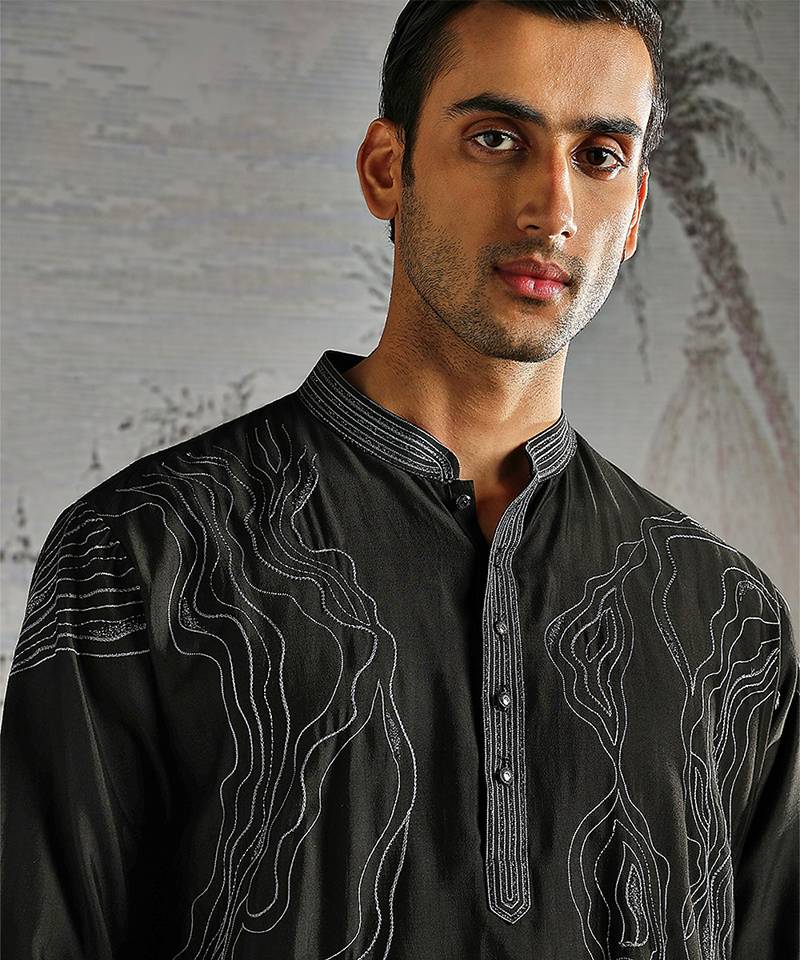 Black embroidered chanderi silk kurta set