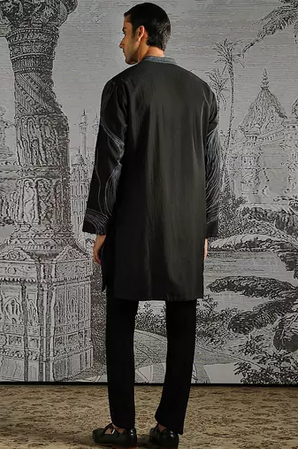 black embroidered chanderi silk kurta set for men