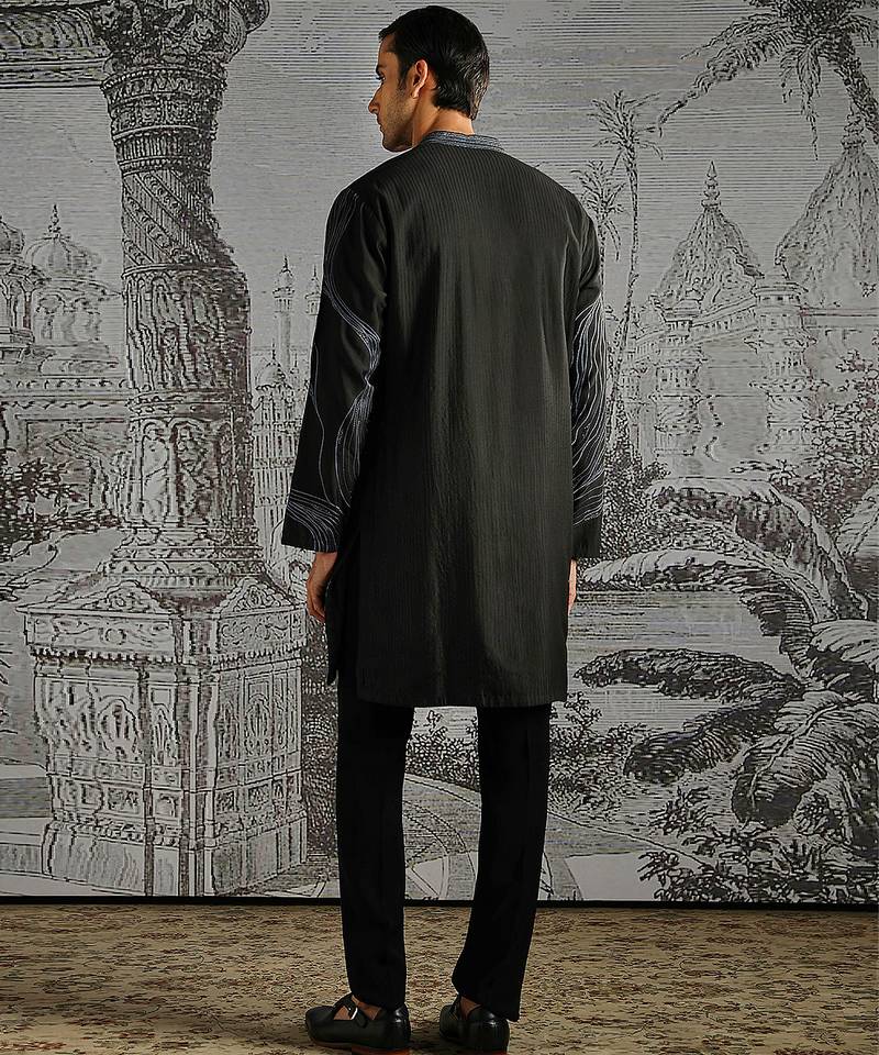 Black embroidered chanderi silk kurta set