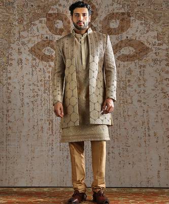 gold embroidered raw silk indo western set for men 1
