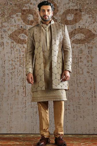 Gold embroidered raw silk indo western set