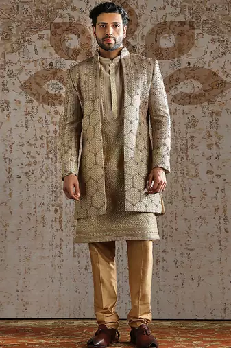 Gold embroidered raw silk indo western set