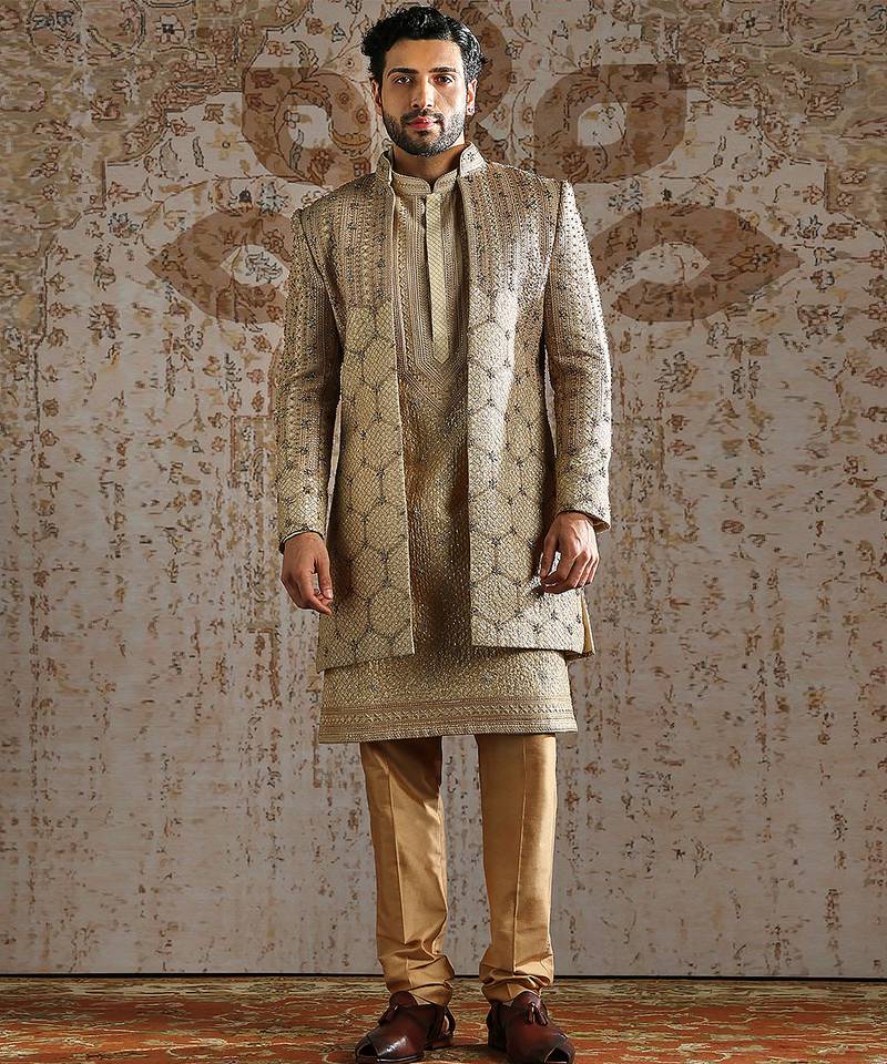 Gold embroidered raw silk indo western set