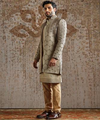 gold embroidered raw silk indo western set for men 2