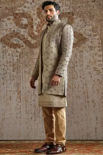 gold embroidered raw silk indo western set for men