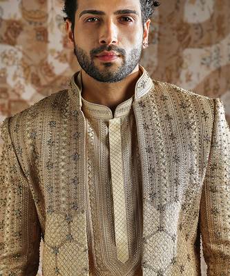 gold embroidered raw silk indo western set for men 3