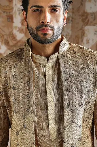 gold embroidered raw silk indo western set for men