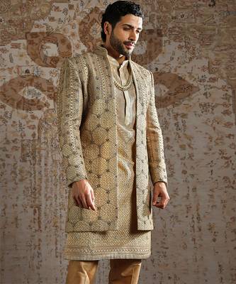 gold embroidered raw silk indo western set for men 4