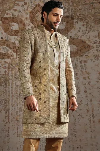 gold embroidered raw silk indo western set for men
