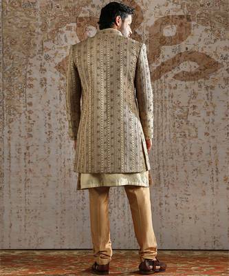 gold embroidered raw silk indo western set for men 5