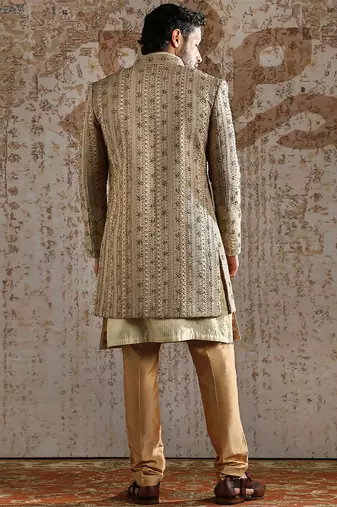 gold embroidered raw silk indo western set for men