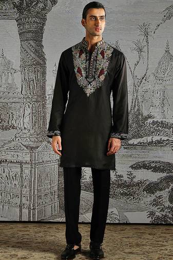 Black embroidered chanderi silk kurta set