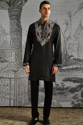 Black embroidered chanderi silk kurta set