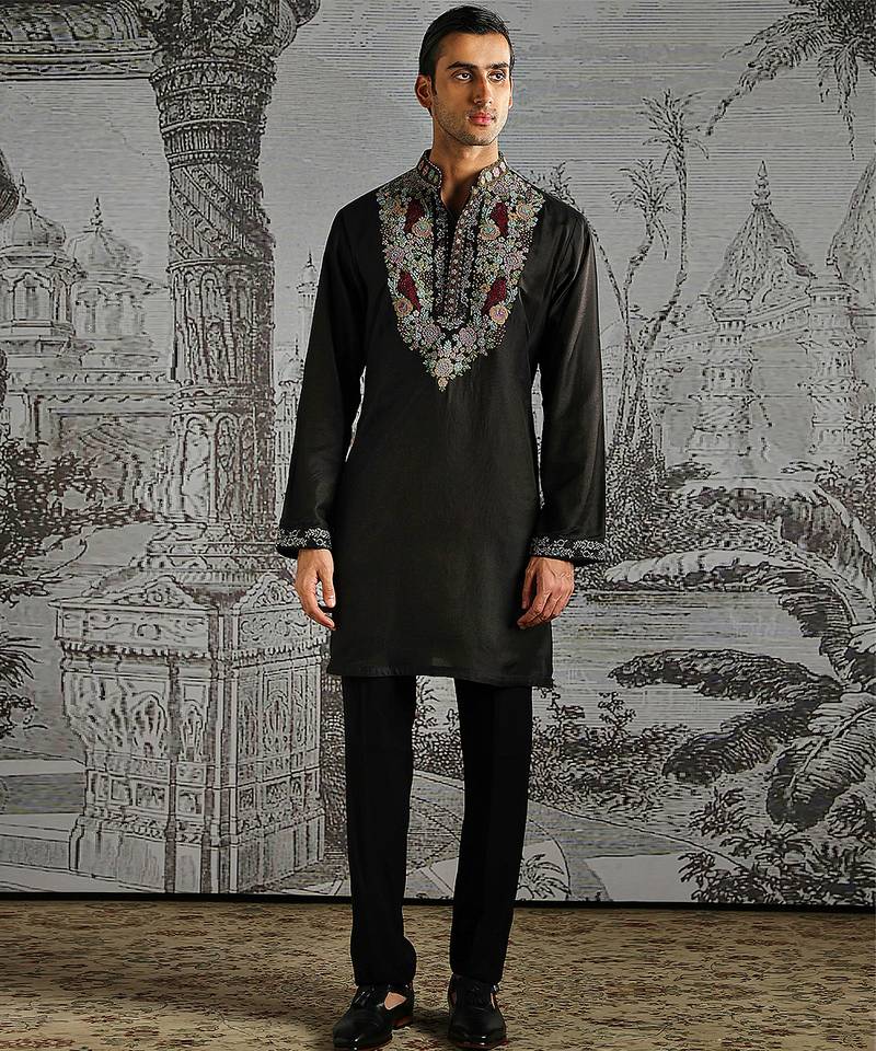 Black embroidered chanderi silk kurta set