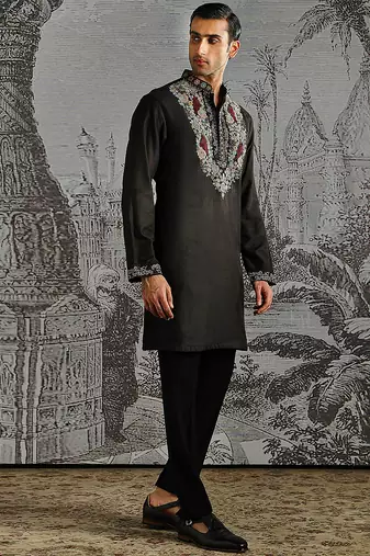 black work chanderi silk kurta set for men