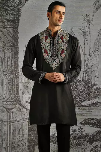 black work chanderi silk kurta set for men