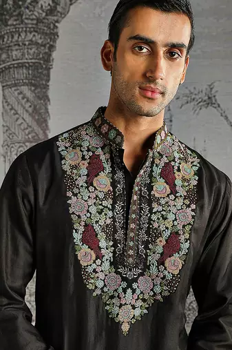 black work chanderi silk kurta set for men