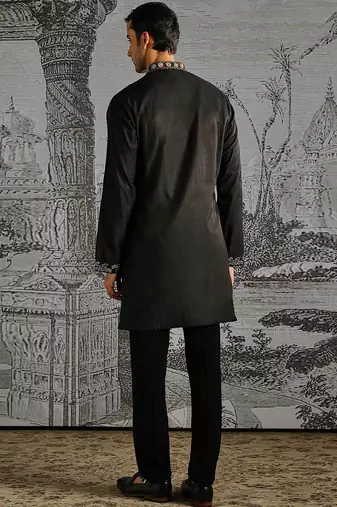 black work chanderi silk kurta set for men