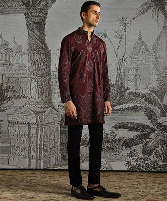 maroon embroidered polyester kurta set for men 2