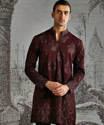maroon embroidered polyester kurta set for men 3