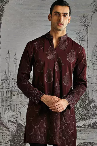 maroon embroidered polyester kurta set for men