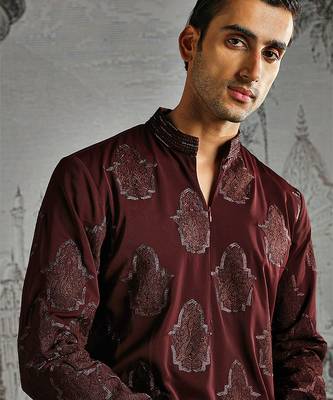 maroon embroidered polyester kurta set for men 4