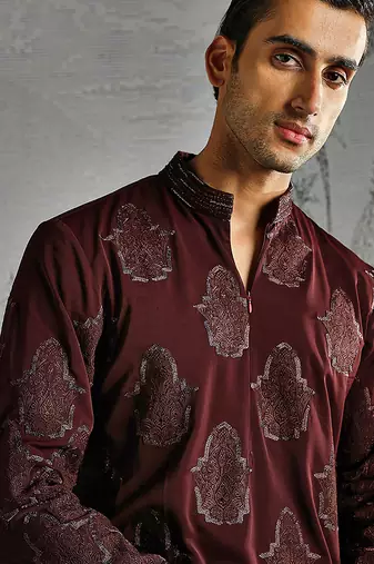 maroon embroidered polyester kurta set for men