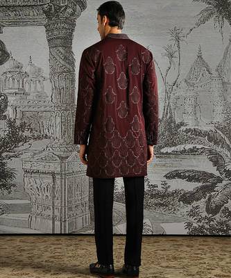 maroon embroidered polyester kurta set for men 5