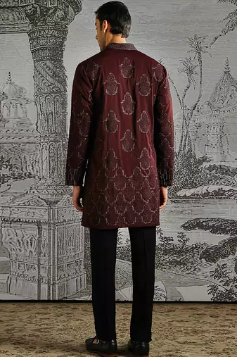 maroon embroidered polyester kurta set for men