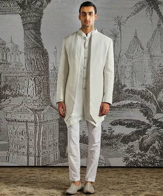 white work polyester indo western set for men 1