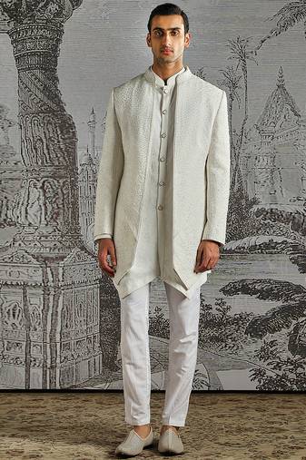 Ivory Structured Jacquard indo western set