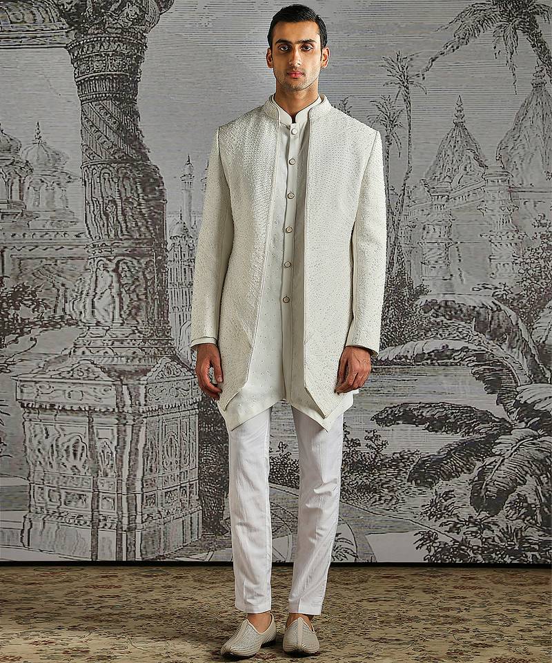 Ivory Structured Jacquard indo western set