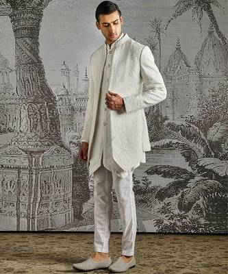 white work polyester indo western set for men 2