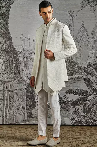 white work polyester indo western set for men