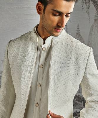 white work polyester indo western set for men 3