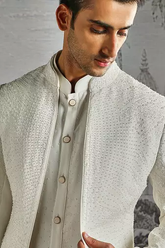 white work polyester indo western set for men
