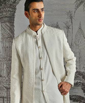 white work polyester indo western set for men 4