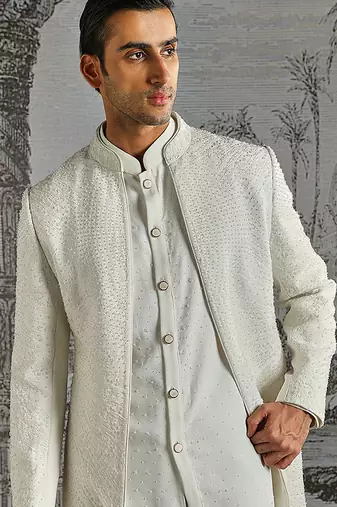 white work polyester indo western set for men