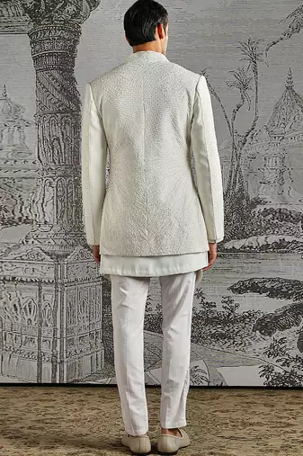 white work polyester indo western set for men