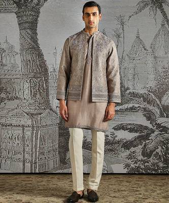 grey embroidered raw silk kurta bundi set for men 1