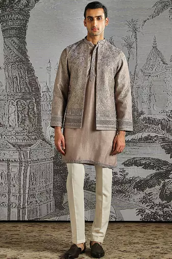 Champagne embroidered raw silk kurta bundi set