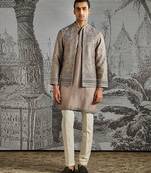 Champagne embroidered raw silk kurta bundi set